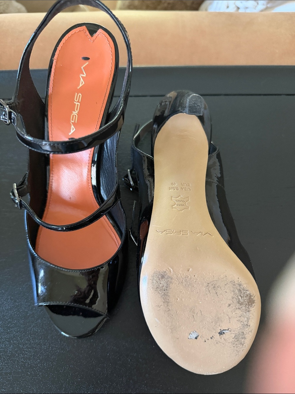 Via Spiga Black Patent Peep-Toe Slingback Heels - Picture 2 of 4